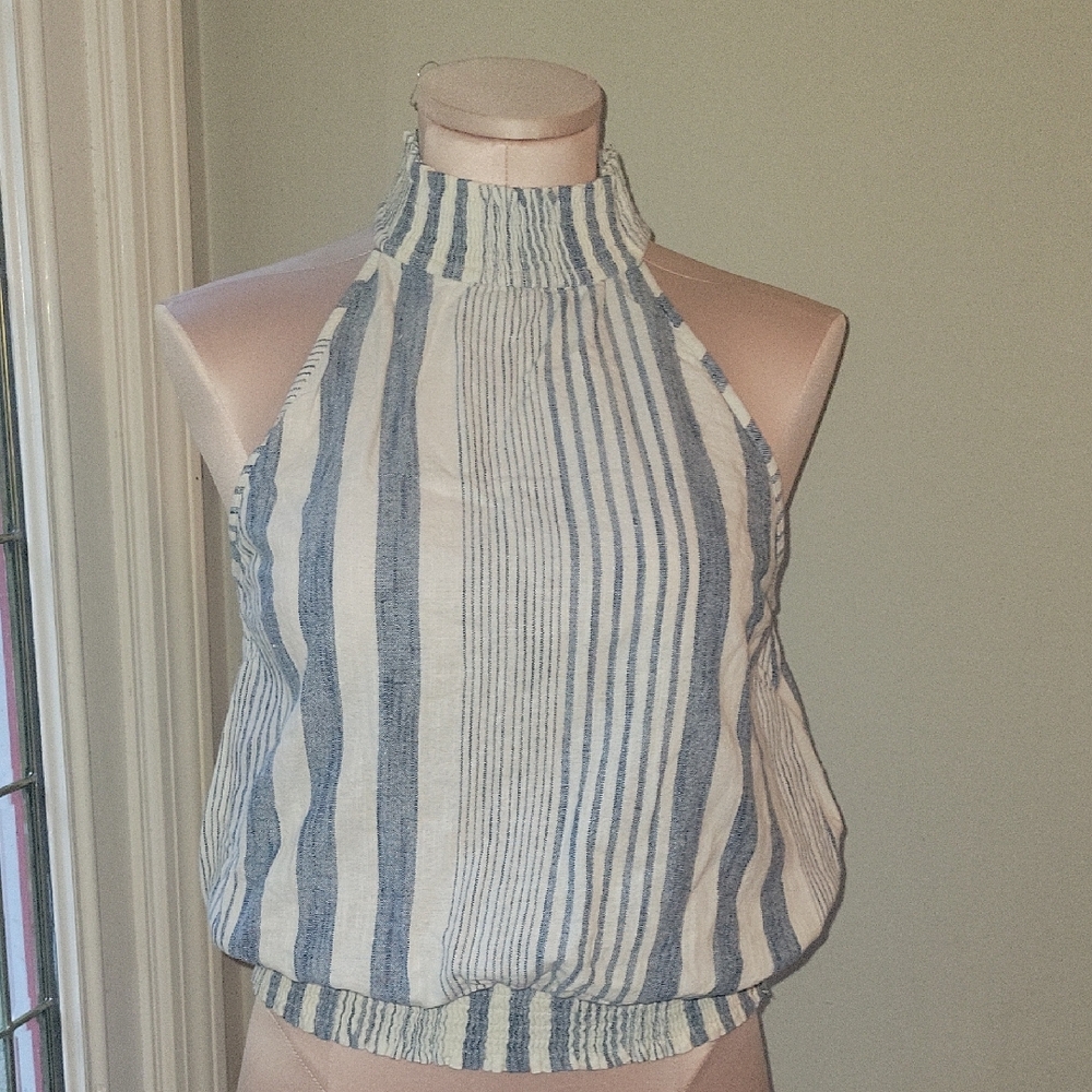 Angie Cream and White Smocked Halter Tank Top